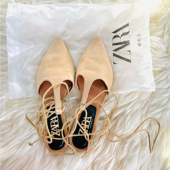 EUC ZARA Tied Leather T-bar Mule Suede Tan Ankle Tie Sandals Size 6US - Picture 8 of 9